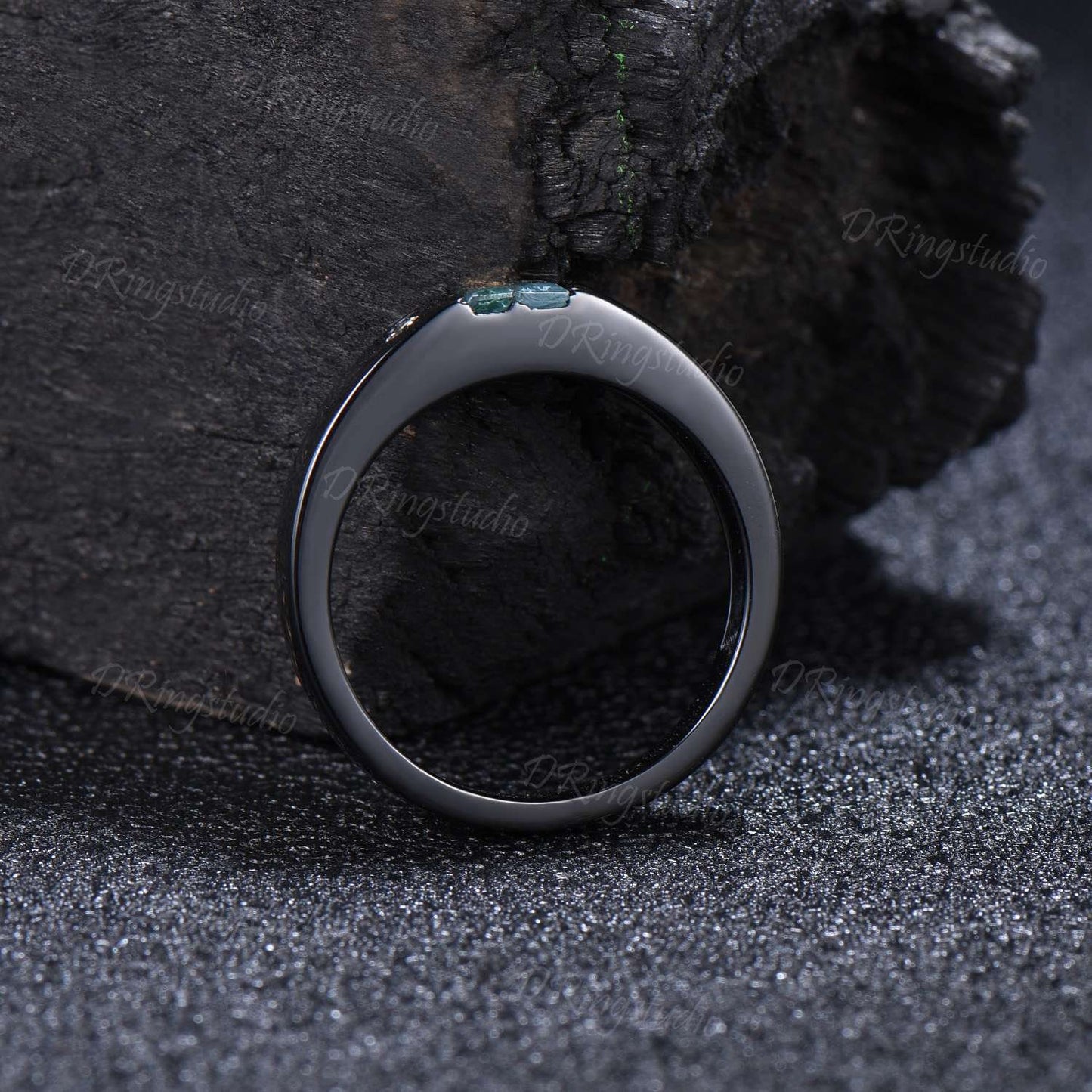 Black Gold Mens Engagement Band Vintage Baguette Cut Moss Agate Wedding Band Flush Diamond Ring 4mm Mens Promise Band Anniversary Men Gift