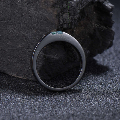 Black Gold Mens Engagement Band Vintage Baguette Cut Moss Agate Wedding Band Flush Diamond Ring 4mm Mens Promise Band Anniversary Men Gift