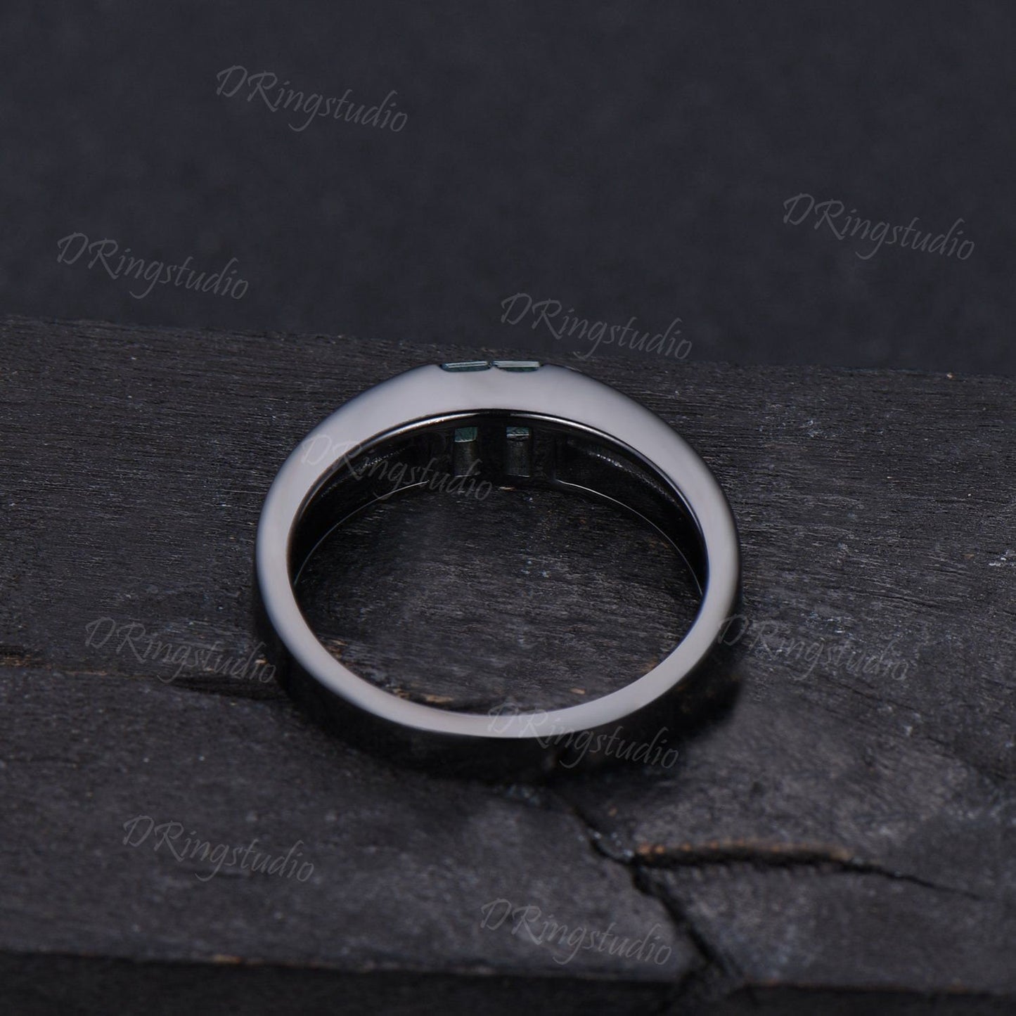 Black Gold Mens Engagement Band Vintage Baguette Cut Moss Agate Wedding Band Flush Diamond Ring 4mm Mens Promise Band Anniversary Men Gift