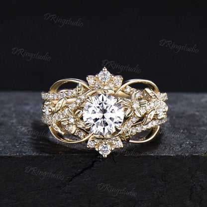 1CT Round Moissanite Engagement Ring 10k Gold Twig Leaf Vine Moissanite Ring Cluster Diamond Wedding Ring Enhancer Twisted Bridal Ring Set