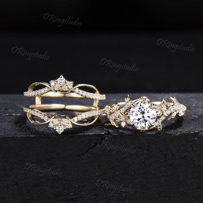 1CT Round Moissanite Engagement Ring 10k Gold Twig Leaf Vine Moissanite Ring Cluster Diamond Wedding Ring Enhancer Twisted Bridal Ring Set