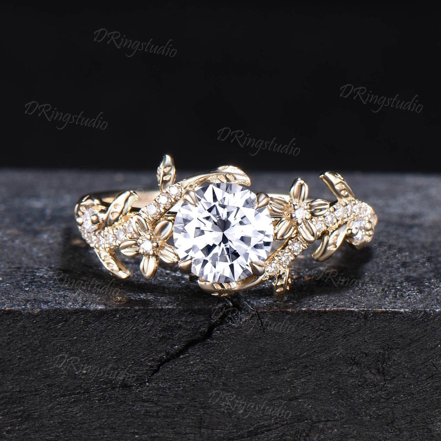 1CT Round Moissanite Engagement Ring 10k Gold Twig Leaf Vine Moissanite Ring Cluster Diamond Wedding Ring Enhancer Twisted Bridal Ring Set