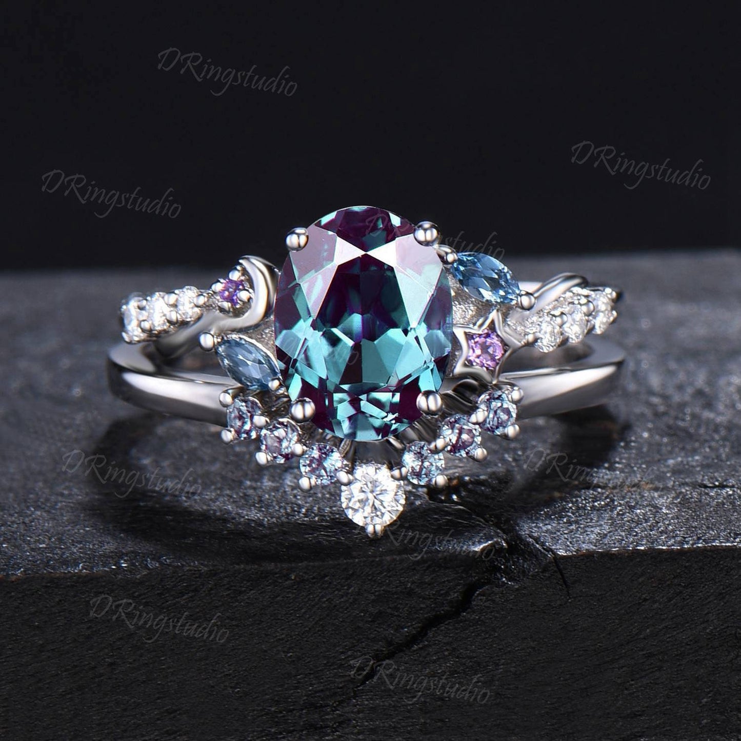 Celestial Alexandrite Engagement Ring Sterling Silver Oval Cut Color-Change Alexandrite Bridal Set Moon Star Design Wedding Ring Women Gift