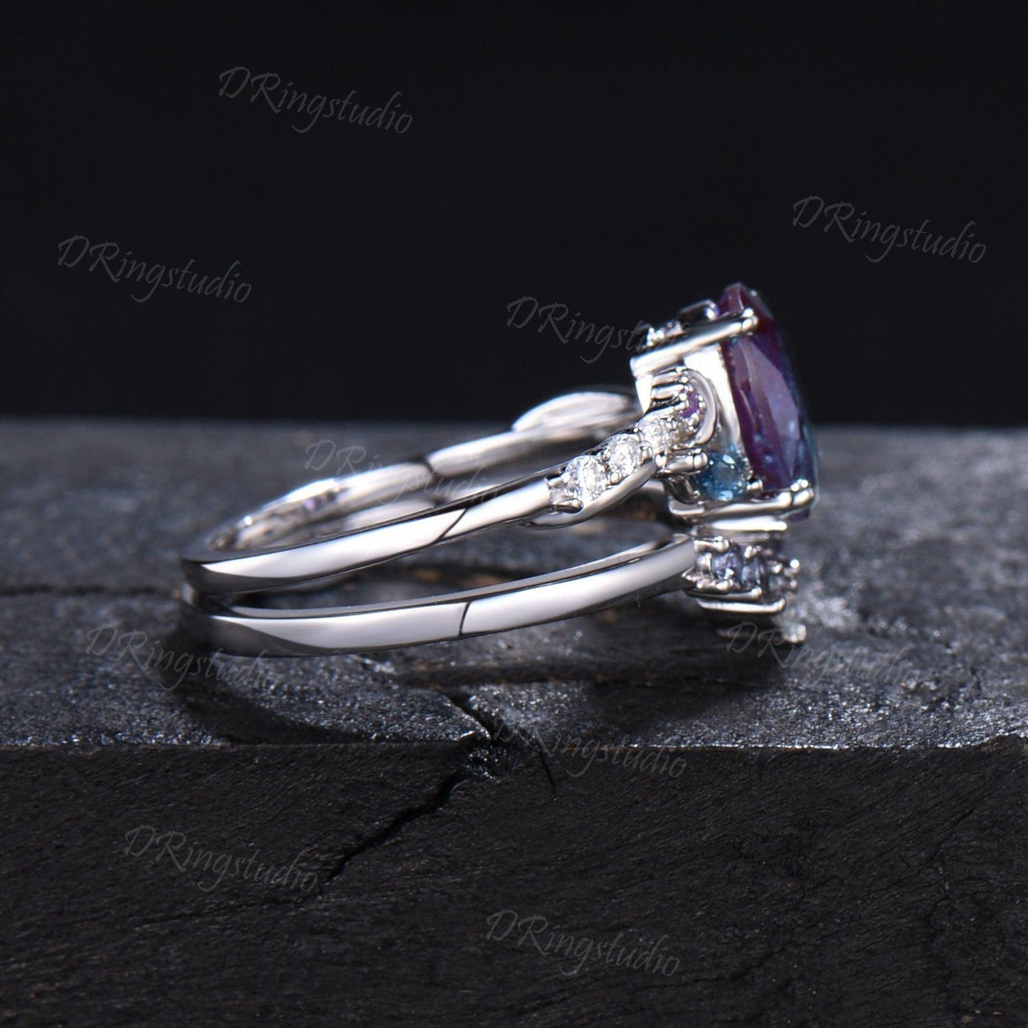 Celestial Alexandrite Engagement Ring Sterling Silver Oval Cut Color-Change Alexandrite Bridal Set Moon Star Design Wedding Ring Women Gift