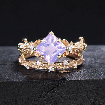 Princess Cut Natural Lavender Amethyst Engagement Ring Set 10k/14k Gold Butterfly Wedding Ring Branch Leaf Amethyst Bridal Set Proposal Gift