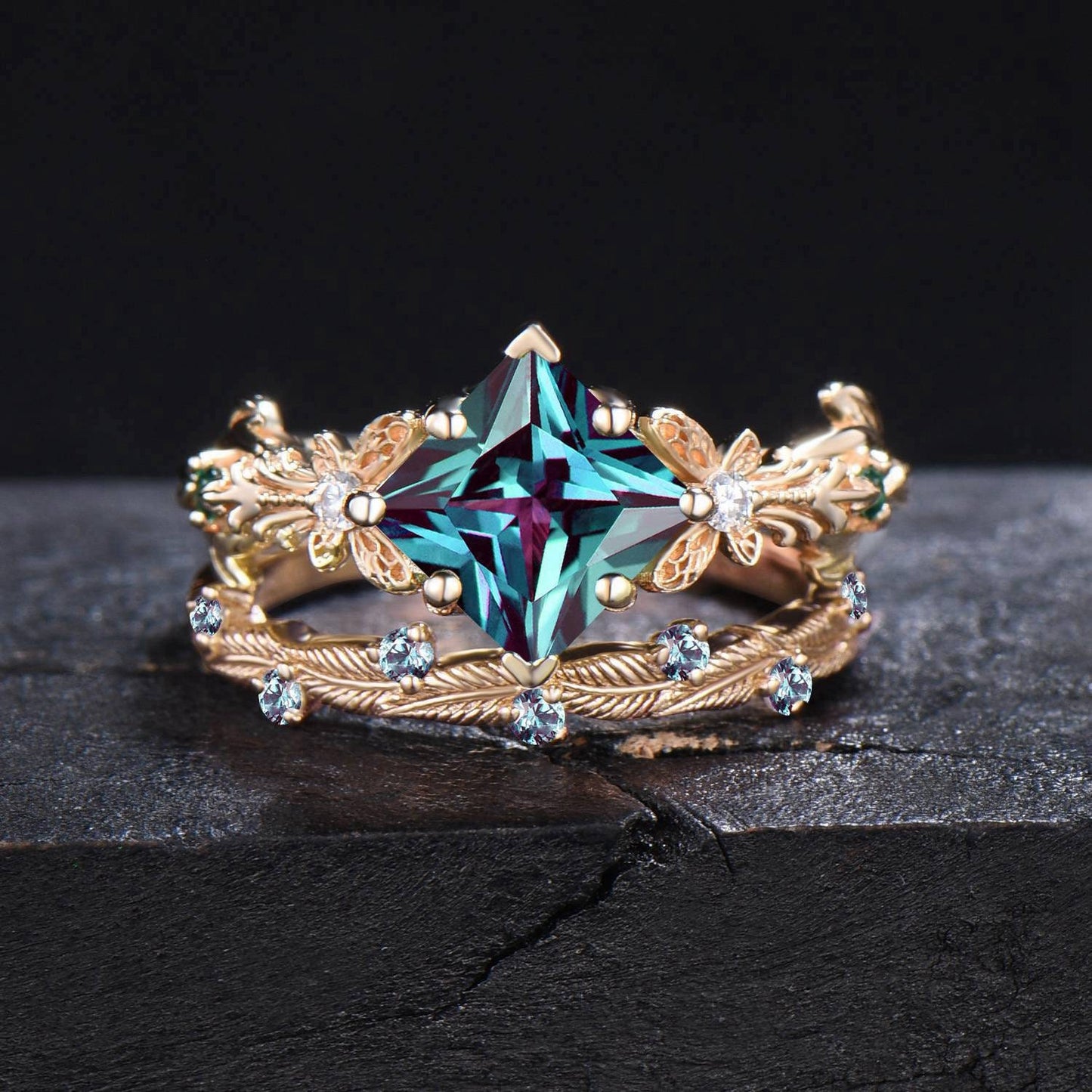 14k Gold Butterfly Engagement Ring Set Vintage 2CT Princess Cut Alexandrite Wedding Ring Leaf Branch June Birthstone Bridal Set Promise Gift