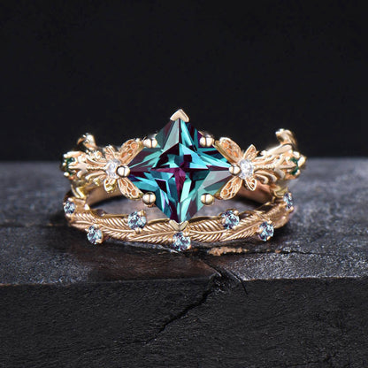 14k Gold Butterfly Engagement Ring Set Vintage 2CT Princess Cut Alexandrite Wedding Ring Leaf Branch June Birthstone Bridal Set Promise Gift