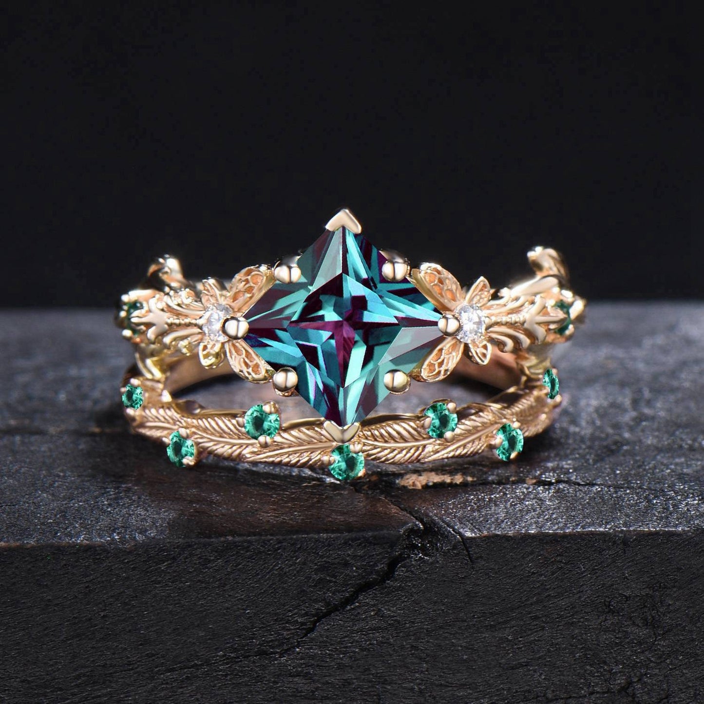 14k Gold Butterfly Engagement Ring Set Vintage 2CT Princess Cut Alexandrite Wedding Ring Leaf Branch June Birthstone Bridal Set Promise Gift