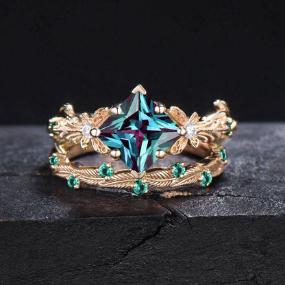 14k Gold Butterfly Engagement Ring Set Vintage 2CT Princess Cut Alexandrite Wedding Ring Leaf Branch June Birthstone Bridal Set Promise Gift