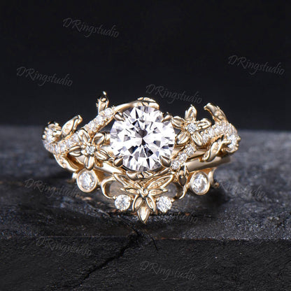 Lab Grown Diamond Engagement Ring Set Round Cut Diamond Floral Wedding Ring Nature Inspired Leaf Vine Bridal Ring Set Celestial Moon Ring