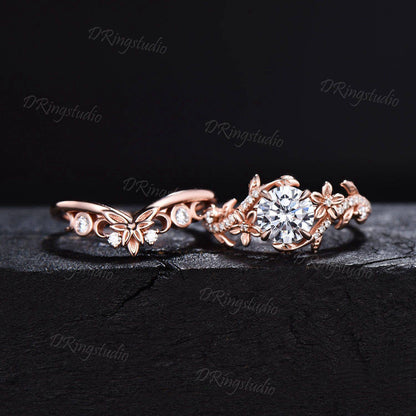 Lab Grown Diamond Engagement Ring Set Round Cut Diamond Floral Wedding Ring Nature Inspired Leaf Vine Bridal Ring Set Celestial Moon Ring