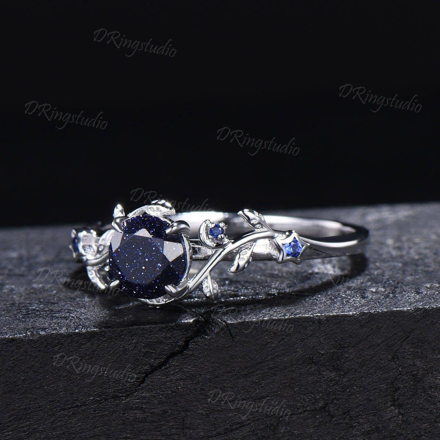 Black Gold Starry Sky Blue Sandstone Ring Branch Leaf Round Blue Goldstone Engagement Ring Moon Star Sapphire Ring Black Promise Ring Gifts