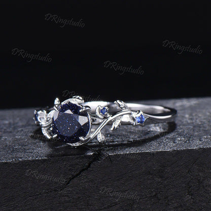 Black Gold Starry Sky Blue Sandstone Ring Branch Leaf Round Blue Goldstone Engagement Ring Moon Star Sapphire Ring Black Promise Ring Gifts