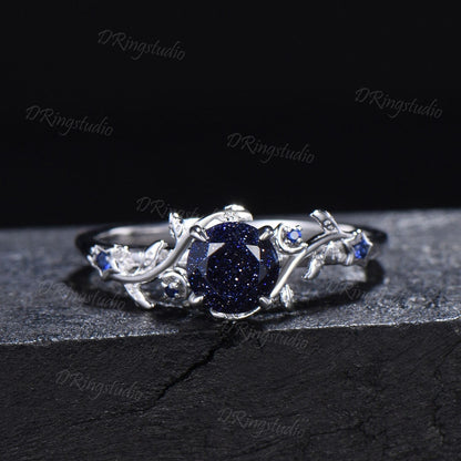 Black Gold Starry Sky Blue Sandstone Ring Branch Leaf Round Blue Goldstone Engagement Ring Moon Star Sapphire Ring Black Promise Ring Gifts