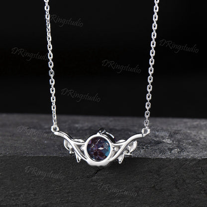 Nature Inspired 8mm Round Alexandrite Necklace Sterling Silver Necklace Vine Branch Alexandrite Pendant June Birthstone Jewelry Wedding Gift