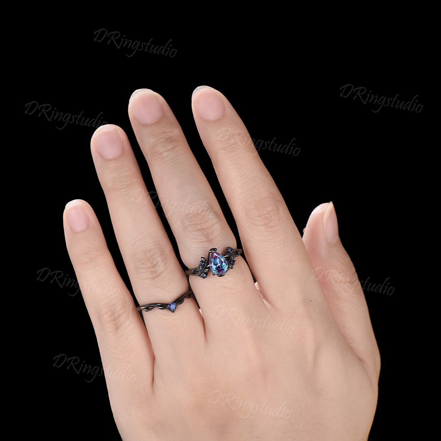 Black Gold Teardrop Alexandrite Engagement Ring Set Black Twig Leaf Wedding Ring Nature Inspired Blue Sapphire Bridal Set Gothic Ring Gift