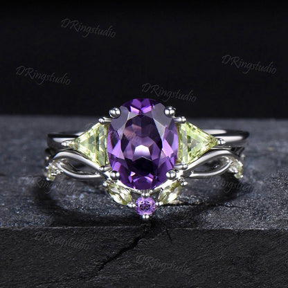 2ct Oval Cut Amethyst Engagement Ring Art Deco Trillion Peridot Wedding Ring Three Stone February Birthstone Ring Twisted Bridal Ring Set