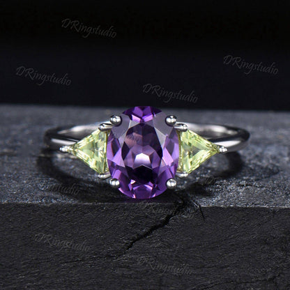 2ct Oval Cut Amethyst Engagement Ring Art Deco Trillion Peridot Wedding Ring Three Stone February Birthstone Ring Twisted Bridal Ring Set