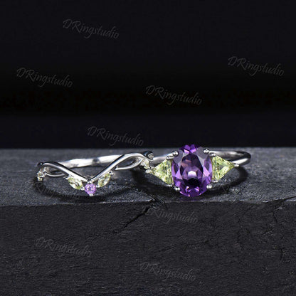 2ct Oval Cut Amethyst Engagement Ring Art Deco Trillion Peridot Wedding Ring Three Stone February Birthstone Ring Twisted Bridal Ring Set