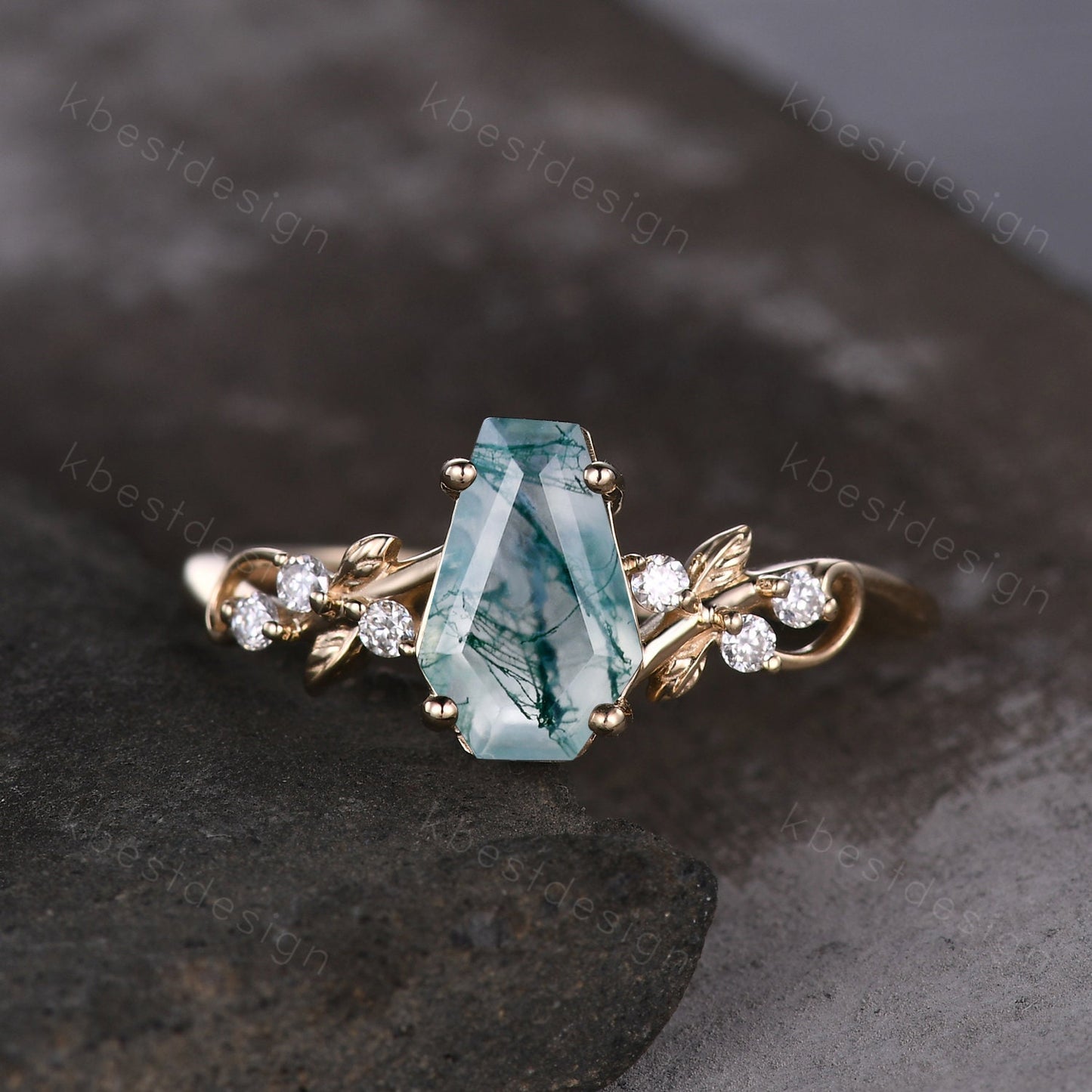 Coffin cut moss agate engagement ring 14k solid gold ring Art deco leaf design moissanite ring unique natural agate ring bridal promise ring