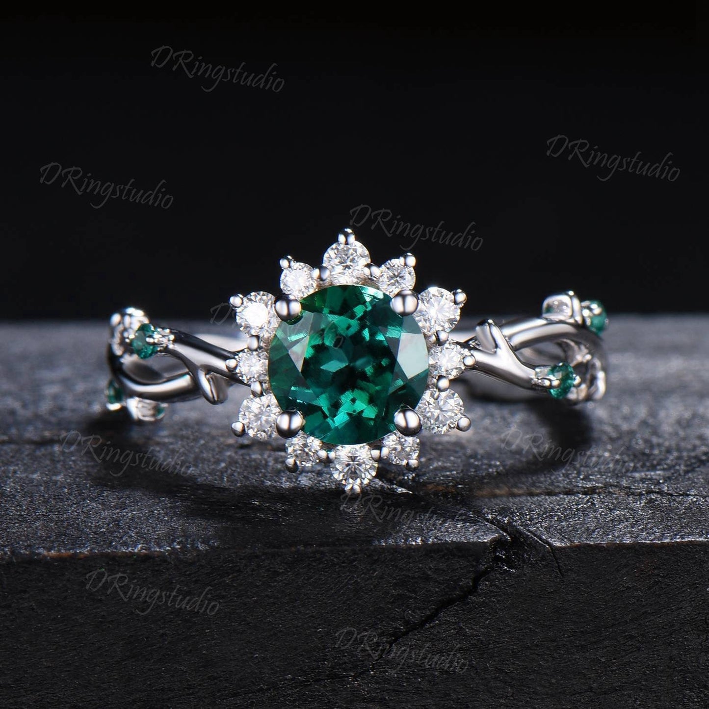 Flower Round Cut Green Emerald Engagement Ring Twist Leaf Branch May Birthstone Promise Ring Halo Moissanite Floral Wedding Ring Women Gift