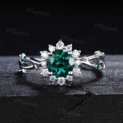 Flower Round Cut Green Emerald Engagement Ring Twist Leaf Branch May Birthstone Promise Ring Halo Moissanite Floral Wedding Ring Women Gift