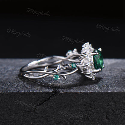 Flower Round Cut Green Emerald Engagement Ring Twist Leaf Branch May Birthstone Promise Ring Halo Moissanite Floral Wedding Ring Women Gift