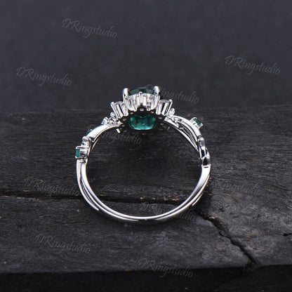 Flower Round Cut Green Emerald Engagement Ring Twist Leaf Branch May Birthstone Promise Ring Halo Moissanite Floral Wedding Ring Women Gift