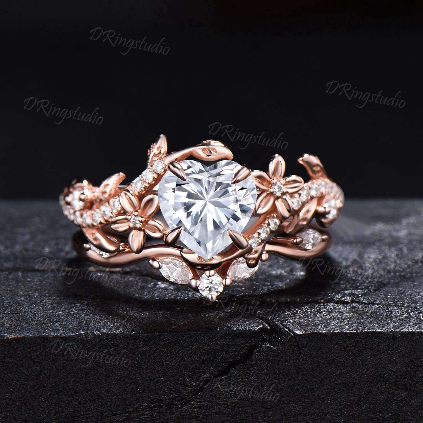 1.5 CT Heart Cut Moissanite Engagement Ring 14k Rose Gold Floral Wedding Ring Branch Leaf Vine Diamond Bridal Promise Ring Anniversary Gift