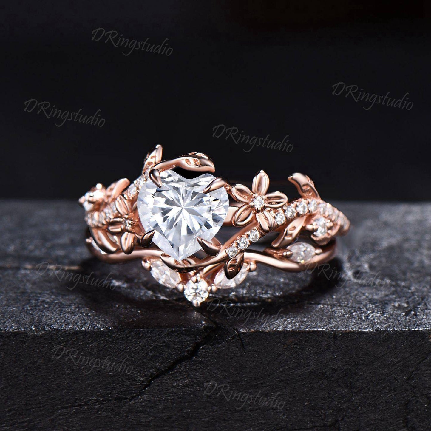 1.5 CT Heart Cut Moissanite Engagement Ring 14k Rose Gold Floral Wedding Ring Branch Leaf Vine Diamond Bridal Promise Ring Anniversary Gift