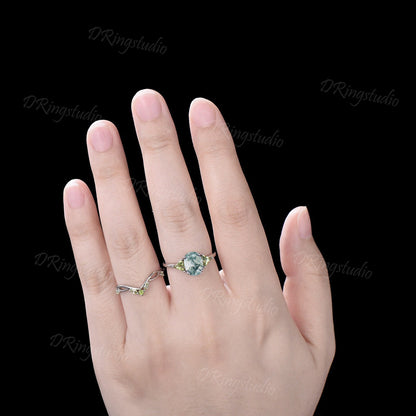 Unique 2ct Oval Natural Moss Agate Engagement Ring White Gold Aquatic Agate Wedding Ring Twisted Green Gemstone 2PCS Bridal Set Promise Gift