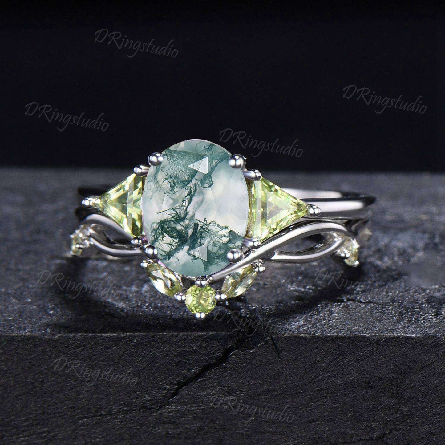 Unique 2ct Oval Natural Moss Agate Engagement Ring White Gold Aquatic Agate Wedding Ring Twisted Green Gemstone 2PCS Bridal Set Promise Gift