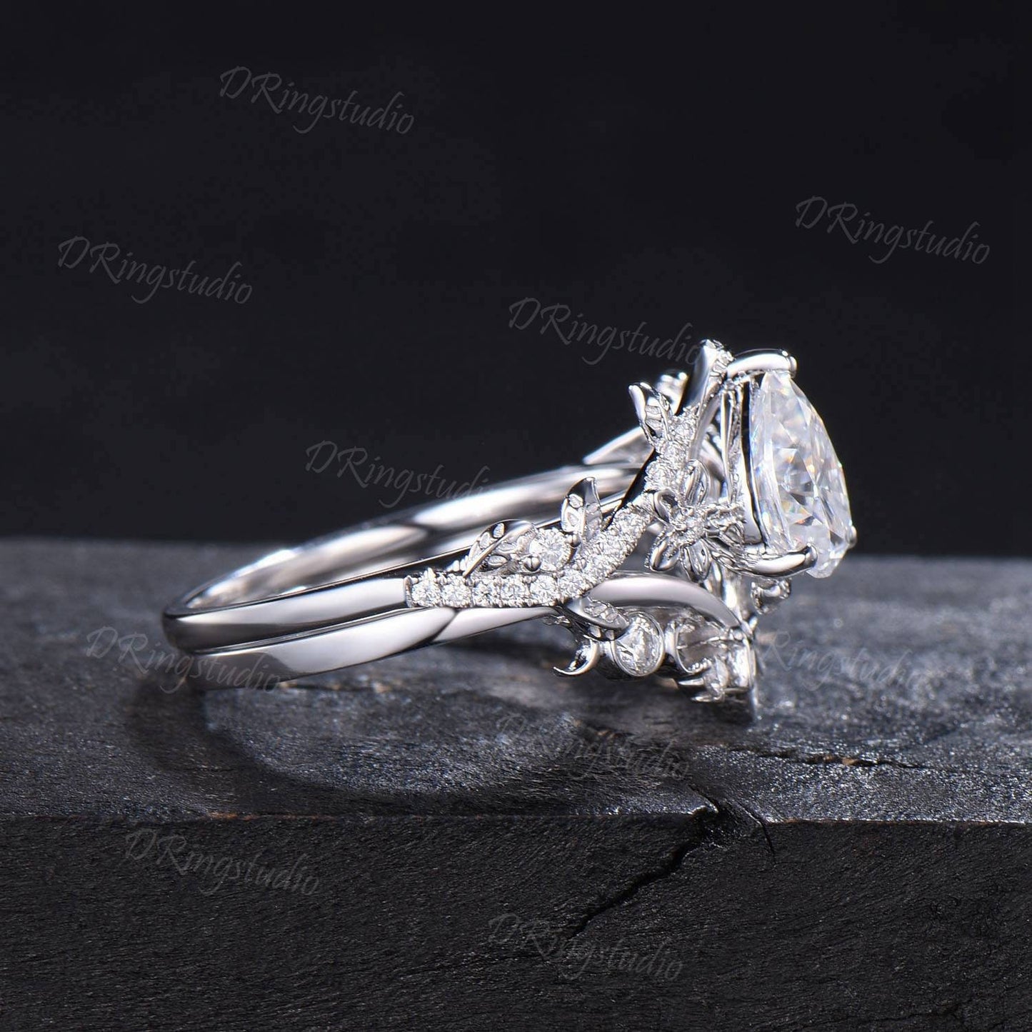 Vintage Teardrop Lab Grown Diamond Engagement Ring Twig Leaf Vine IGI Certified Diamond Bridal Set 14k White Gold Diamond Ring Proposal Gift