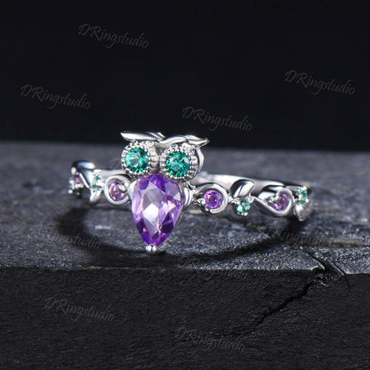 Owl Amethyst Engagement Ring Nature Inspired Pear Cut Amethyst Wedding Ring Twig Vine Green Emerald Ring February Birthstone for Owl Lover