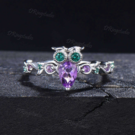 Owl Amethyst Engagement Ring Nature Inspired Pear Cut Amethyst Wedding Ring Twig Vine Green Emerald Ring February Birthstone for Owl Lover