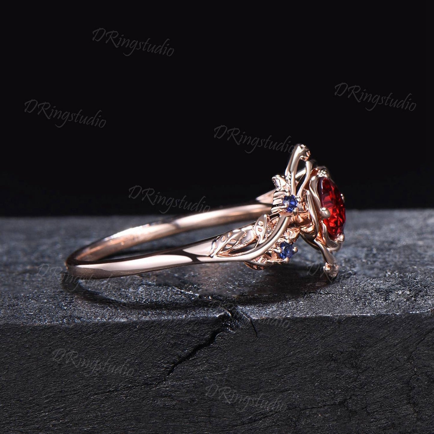 14k Rose Gold Floral Red Ruby Engagement Ring Rose Flower July Birthstone Promise Ring Twist Leaf Blue Sapphire Ring Proposal Gift for Women