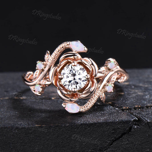 14k Rose Gold Antique Snake Engagement Ring Rose Flower Round Moissanite Wedding Ring Double Snake Opal Ring Gothic Wedding Ring Wiccan Ring