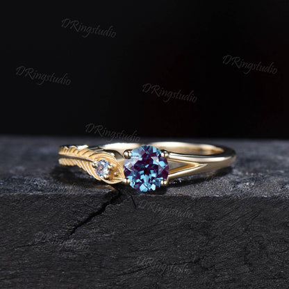 14k Yellow Gold Feather Engagement Ring 0.5ct Round Color-change Alexandrite Ring Engraved Peacock Feather Ring June Birthstone Wedding Ring