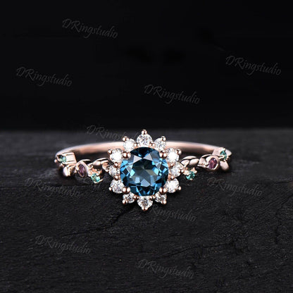 Nature Inspired Round London Blue Topaz Engagement Ring Twist December Birthstone Wedding Ring Rose Gold Moissanite Halo Ring Proposal Gift