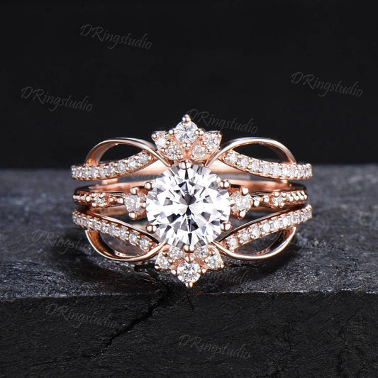 Rose Gold Round Cut Moissanite Engagement Ring Set Double Curved Moissanite Diamond Wedding Ring Enhancer Guard Ring Set Anniversary Gift