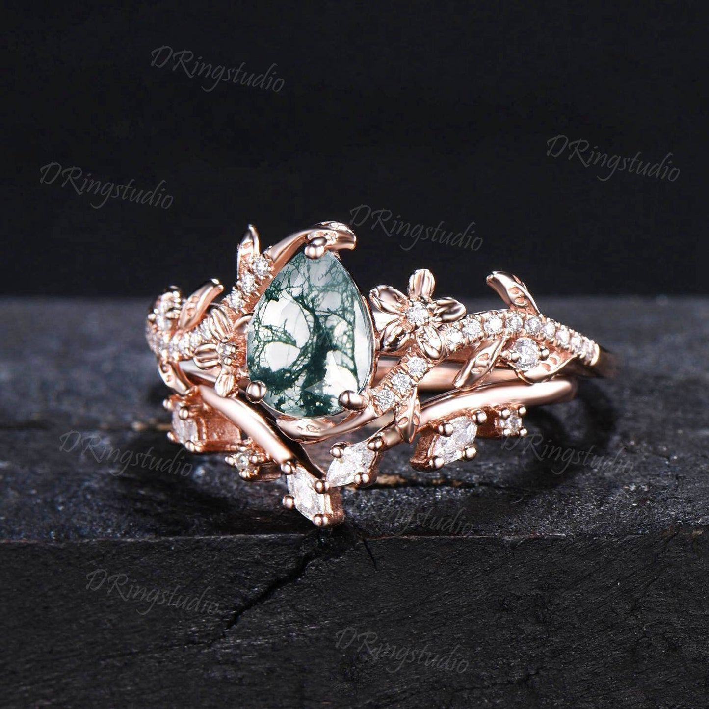 Floral Pear Shaped Moss Agate Engagement Ring Set Nature Inspired Green Gemstone Bridal Set Twist Diamond Wedding Ring Rose Gold Flower Ring