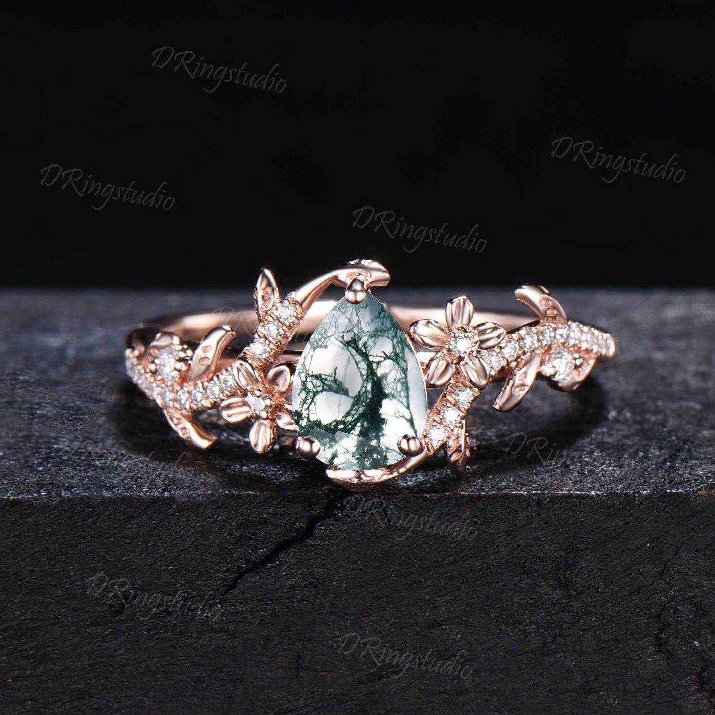 Floral Pear Shaped Moss Agate Engagement Ring Set Nature Inspired Green Gemstone Bridal Set Twist Diamond Wedding Ring Rose Gold Flower Ring