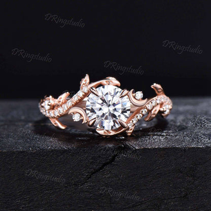 Art Deco Moon Leaf Branch Engagement Ring Set Rose Gold Round Moissanite Promise Bridal Ring Celestial Moon Diamond Wedding Ring Twist Ring