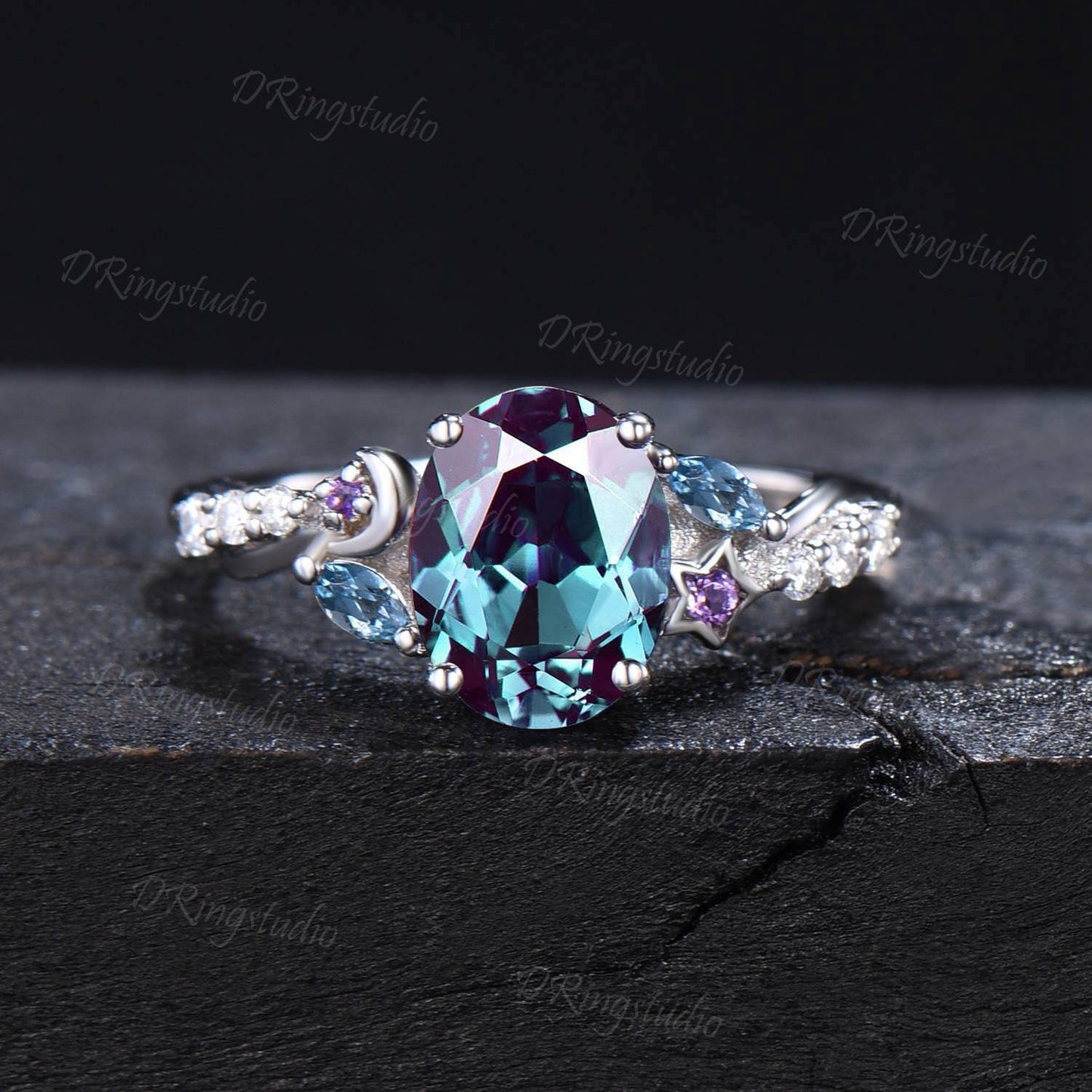 Moon Star Design Alexandrite Engagement Ring Antique Oval Alexandrite Ring Cluster Topaz Moissanite Wedding Ring Celestial Ring Women Gifts