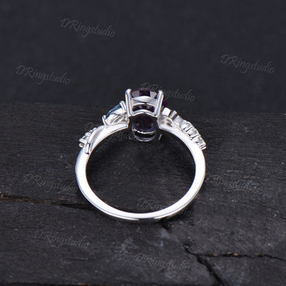 Moon Star Design Alexandrite Engagement Ring Antique Oval Alexandrite Ring Cluster Topaz Moissanite Wedding Ring Celestial Ring Women Gifts