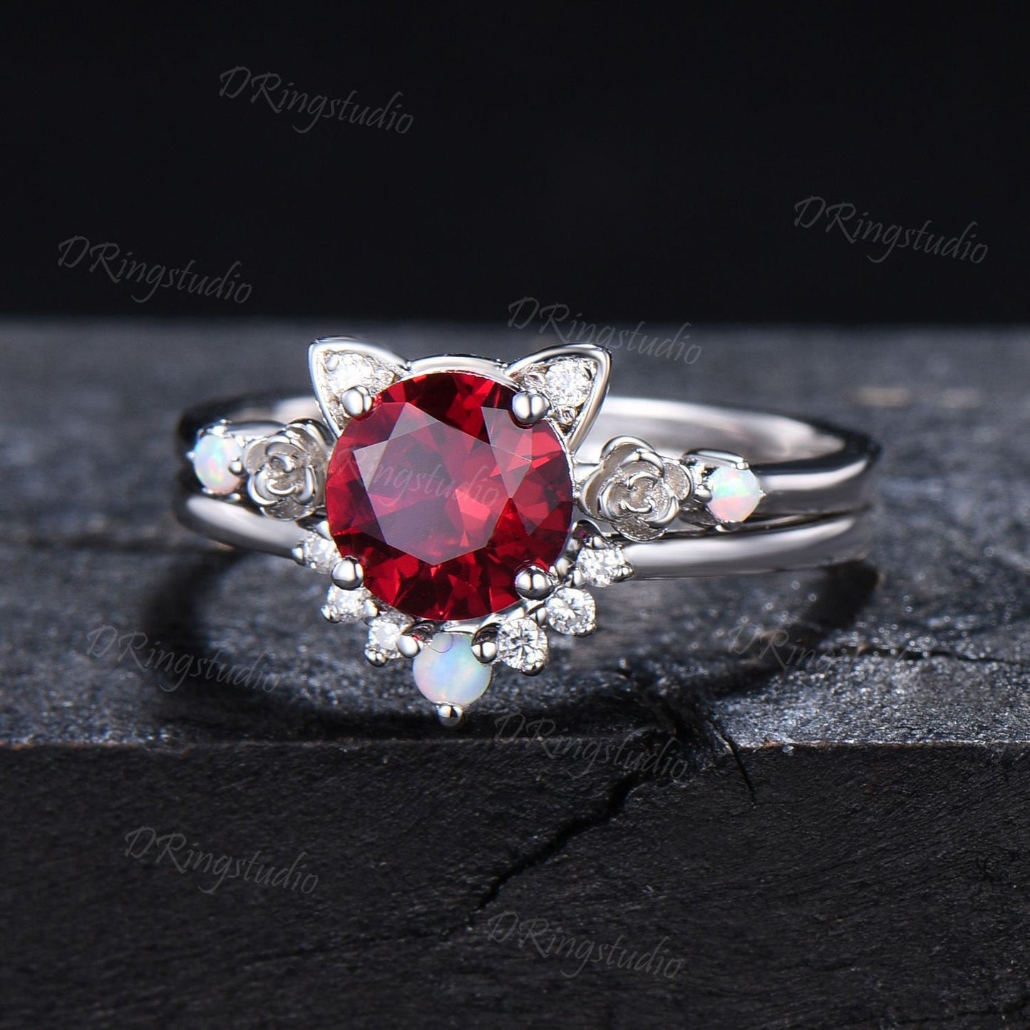 Vintage Red Ruby Cat Engagement Ring Set 1CT Round Red Gemstone Wedding Ring Opal Floral Bridal Set Sterling Silver Kitten Ring For Daughter