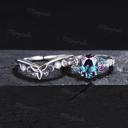 Moon Star Alexandrite Engagement Ring 1.5CT Oval Color-Change Alexandrite Bridal Set Celestial Moon Ring Celtic Knot June Birthstone Jewelry