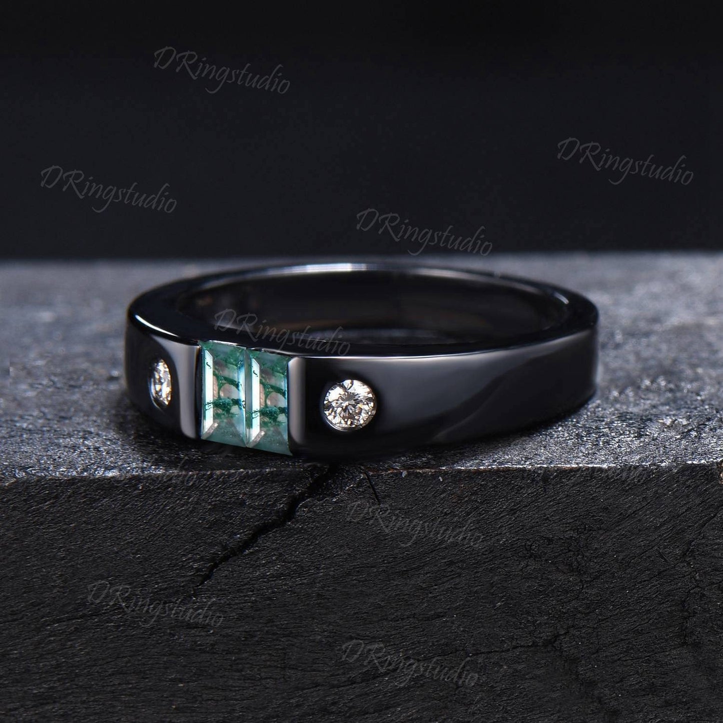 Black Gold Mens Engagement Band Vintage Baguette Cut Moss Agate Wedding Band Flush Diamond Ring 4mm Mens Promise Band Anniversary Men Gift