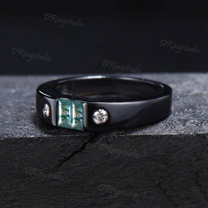 Black Gold Mens Engagement Band Vintage Baguette Cut Moss Agate Wedding Band Flush Diamond Ring 4mm Mens Promise Band Anniversary Men Gift