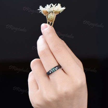 Black Gold Mens Engagement Band Vintage Baguette Cut Moss Agate Wedding Band Flush Diamond Ring 4mm Mens Promise Band Anniversary Men Gift